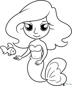 Line art of a friendly cartoon mermaid with flowing hair and a detailed tail, designed as a coloring activity for children.