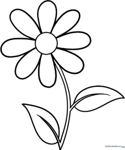 A clean, bold-lined black and white drawing of a single flower with rounded petals and a simple stem, designed for easy coloring by toddlers and preschoolers.