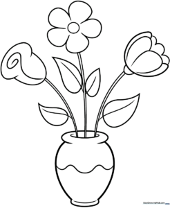 Black and white line art of a bouquet of simple flowers in a rounded vase, featuring clear outlines for easy coloring by children.