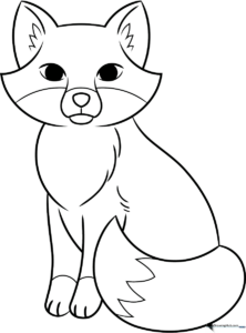 A clean, bold-lined coloring page of a friendly cartoon fox sitting down, designed for children to color with crayons or markers.