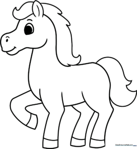A friendly, cartoon-style horse with a flowing mane and tail, featuring thick outlines perfect for young children to color.