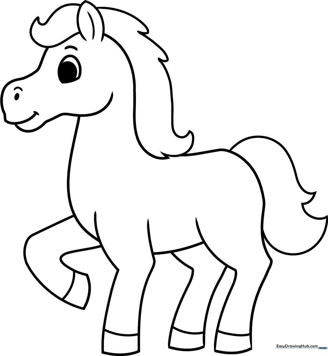 A friendly, cartoon-style horse with a flowing mane and tail, featuring thick outlines perfect for young children to color.