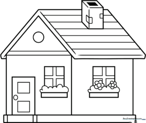 Black and white line art of a simple house with a chimney, two windows, and a front door, ready for children to color.