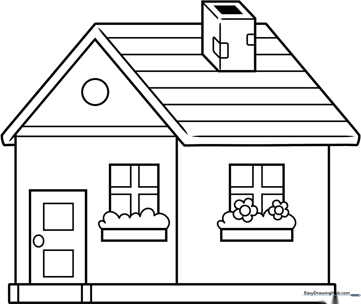 Black and white line art of a simple house with a chimney, two windows, and a front door, ready for children to color.