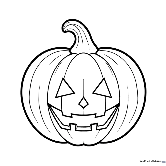 A friendly, simple jack-o'-lantern outline with a wide grin and triangular eyes, designed for children to color with crayons or markers.