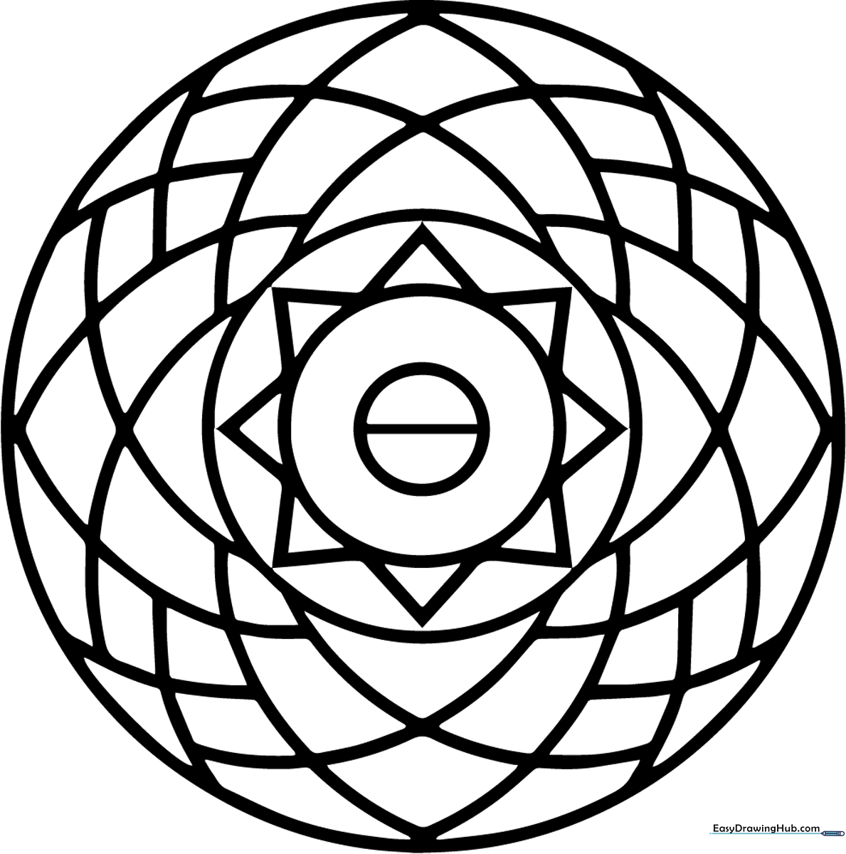 A black and white line art mandala with symmetrical floral and geometric patterns, designed for children to practice coloring within the lines.