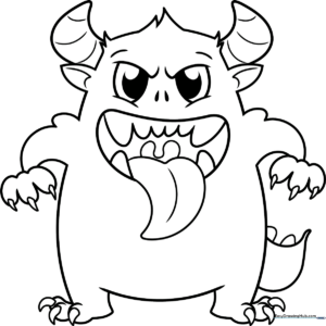 A friendly, round cartoon monster with large expressive eyes and small horns, featuring thick, clean outlines perfect for young children to color.