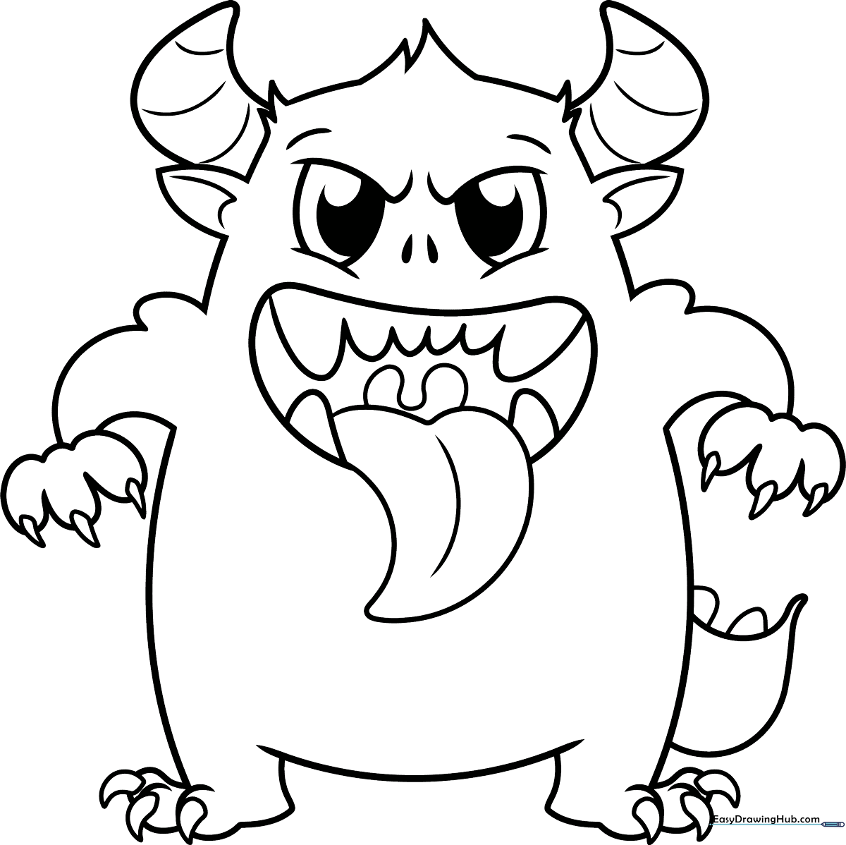 A friendly, round cartoon monster with large expressive eyes and small horns, featuring thick, clean outlines perfect for young children to color.