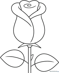 Black and white line art of a single rose with a stem and two leaves, designed for children to color.