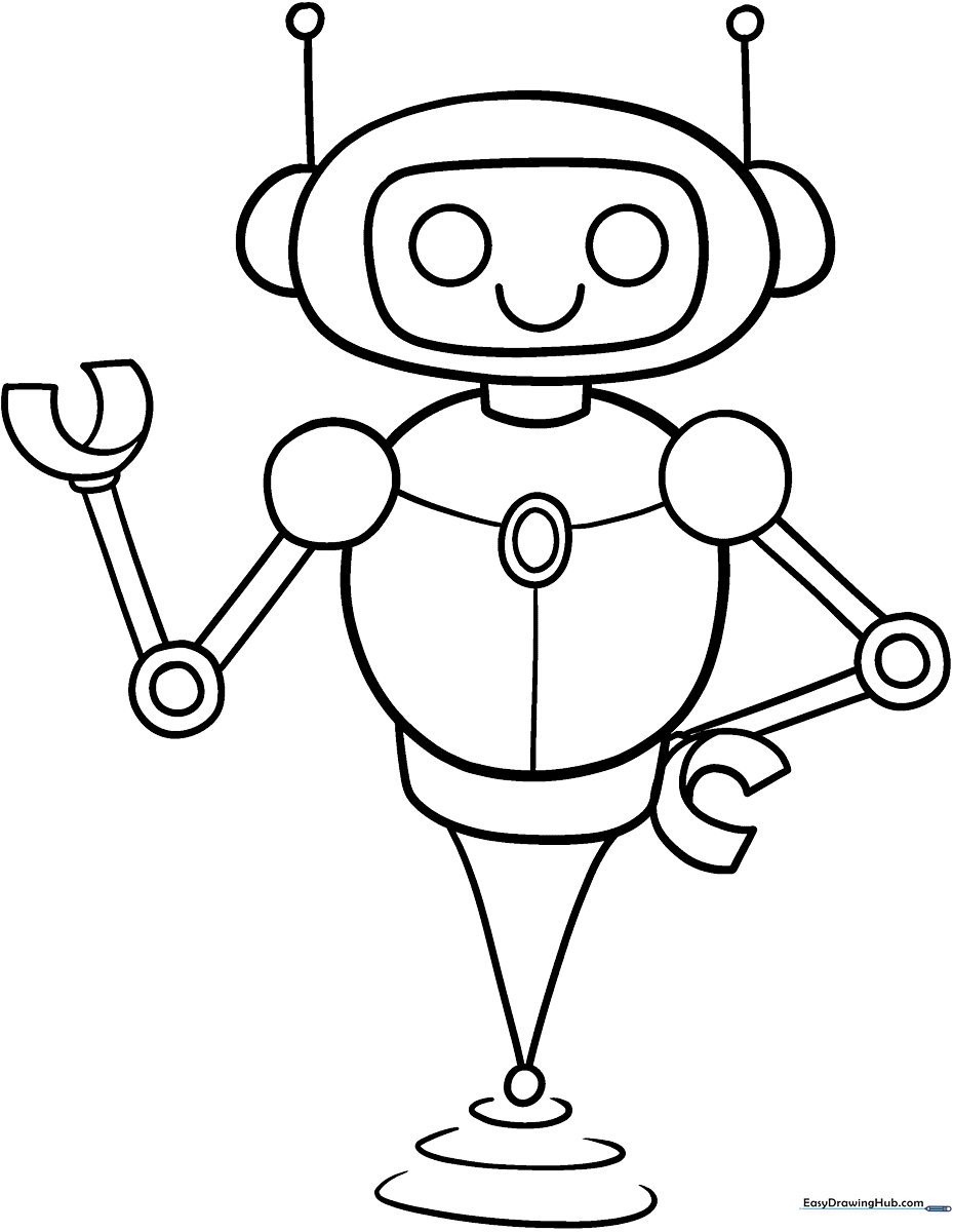 A friendly, cartoon-style robot with a square head and antenna, featuring bold outlines for easy coloring by children.