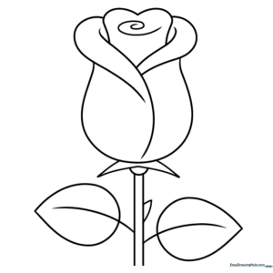 Black and white line art of a single rose with two leaves, designed for children to color with crayons or markers.