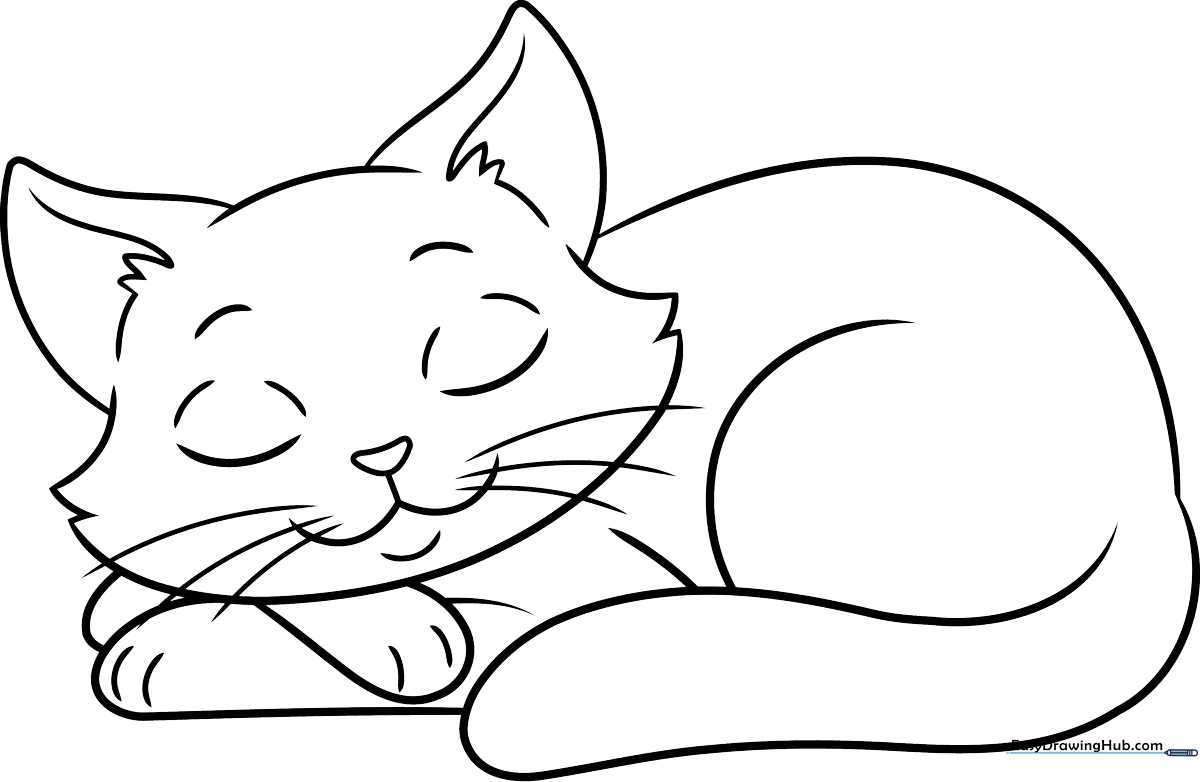 A clean, black-and-white line art illustration of a curled-up sleeping cat with closed eyes, designed for children to color.