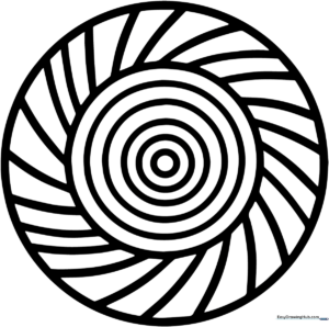 Black and white line art of a spiraling mandala with geometric petals, designed for children to practice coloring within the lines.