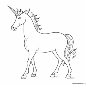Black and white line art of a standing unicorn with a flowing mane and tail, designed for children to color.