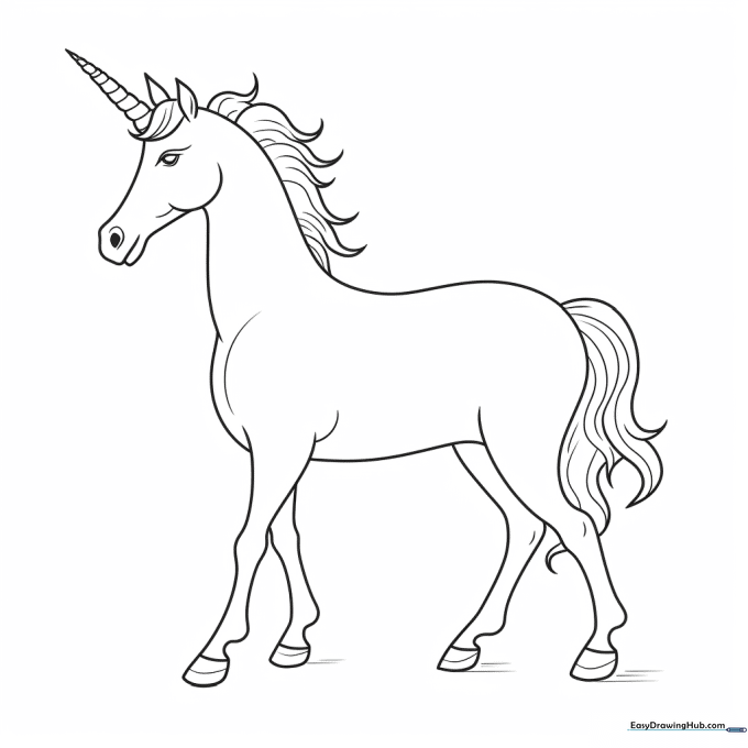 Black and white line art of a standing unicorn with a flowing mane and tail, designed for children to color.