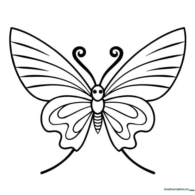 A simple black and white line art illustration of a swallowtail butterfly with large, symmetrical wings, designed for children to color.