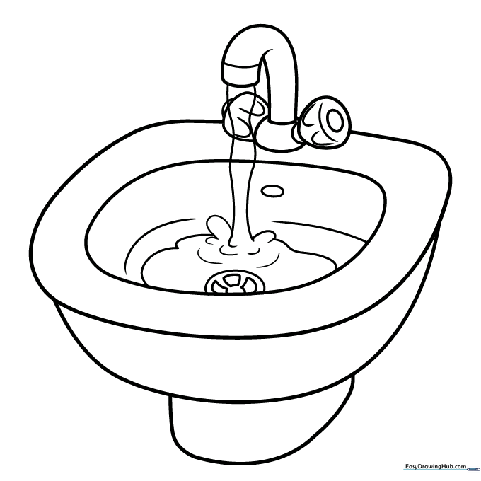 Black and white line drawing of a bathroom sink with a faucet and basin, designed for children to color.