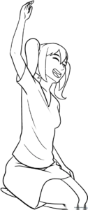 Line art of an anime girl sitting with knees tucked, featuring clean outlines perfect for markers or colored pencils.