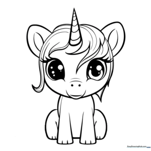 Black and white line art of a cute baby unicorn sitting down with a flowing mane and tail, designed for children to color.
