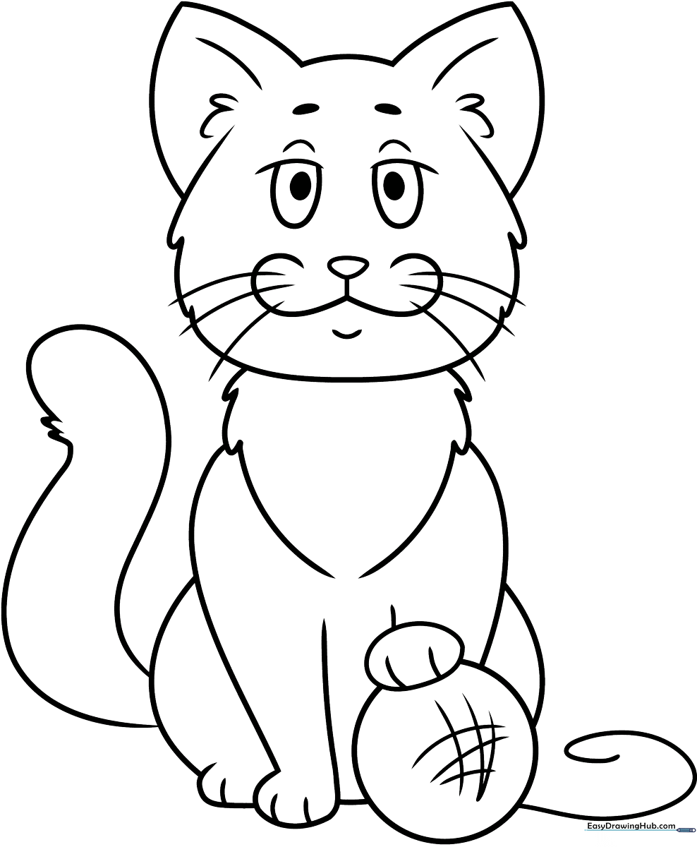 Black and white line art of a friendly cartoon cat sitting upright, featuring large expressive eyes and a simple outline perfect for children's coloring practice.
