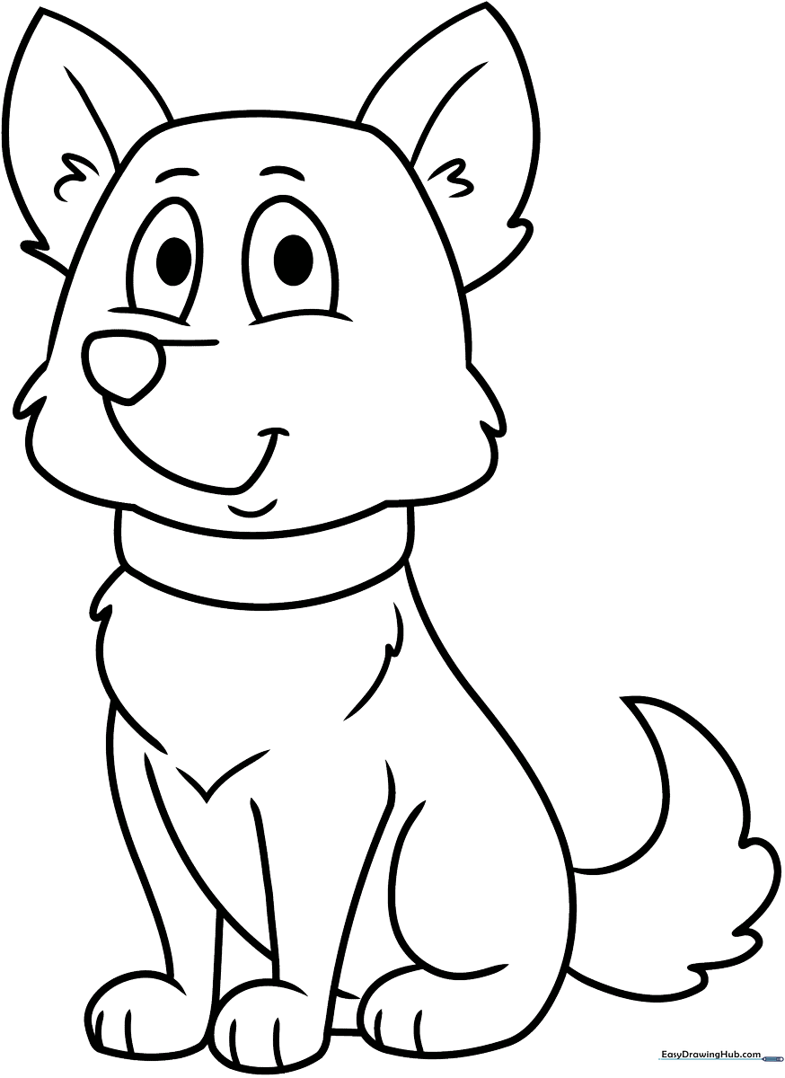 Black and white line art of a friendly cartoon dog sitting with a happy expression, designed for children to color.