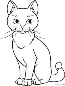 Black and white line art of a friendly cat sitting upright with a curled tail, designed for children to color.