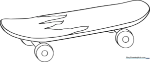 Clean line art of a classic skateboard with four wheels, ready for kids to color with markers or crayons.