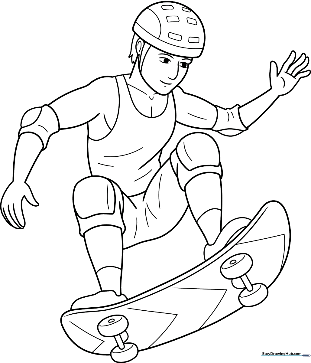 A cartoon skateboarder mid-trick on a skateboard, featuring clear outlines for easy coloring and bold shapes to help children practice staying within the lines.