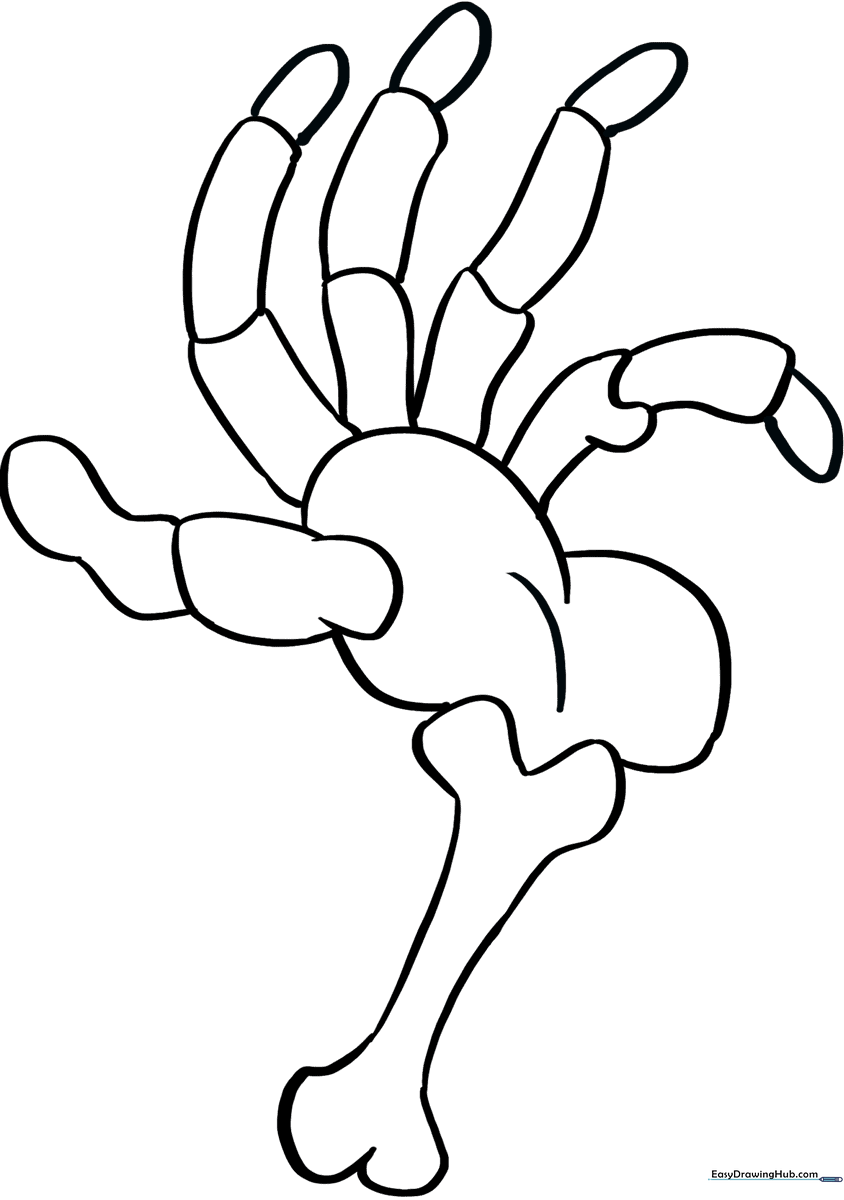 Black and white line art of a human skeleton hand with clear bone segments, designed for educational coloring and fine motor practice.