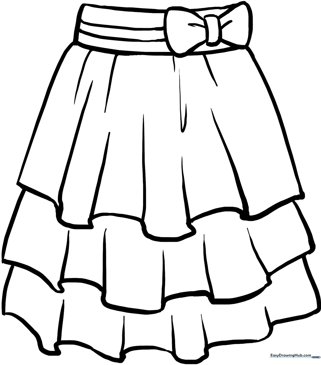 Black and white line art of a simple A-line skirt with a waistband, ready for children to color and decorate.
