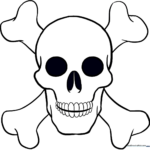 Black and white line art of a friendly skull, featuring clear outlines for easy coloring and distinct eye sockets for practicing shading techniques.