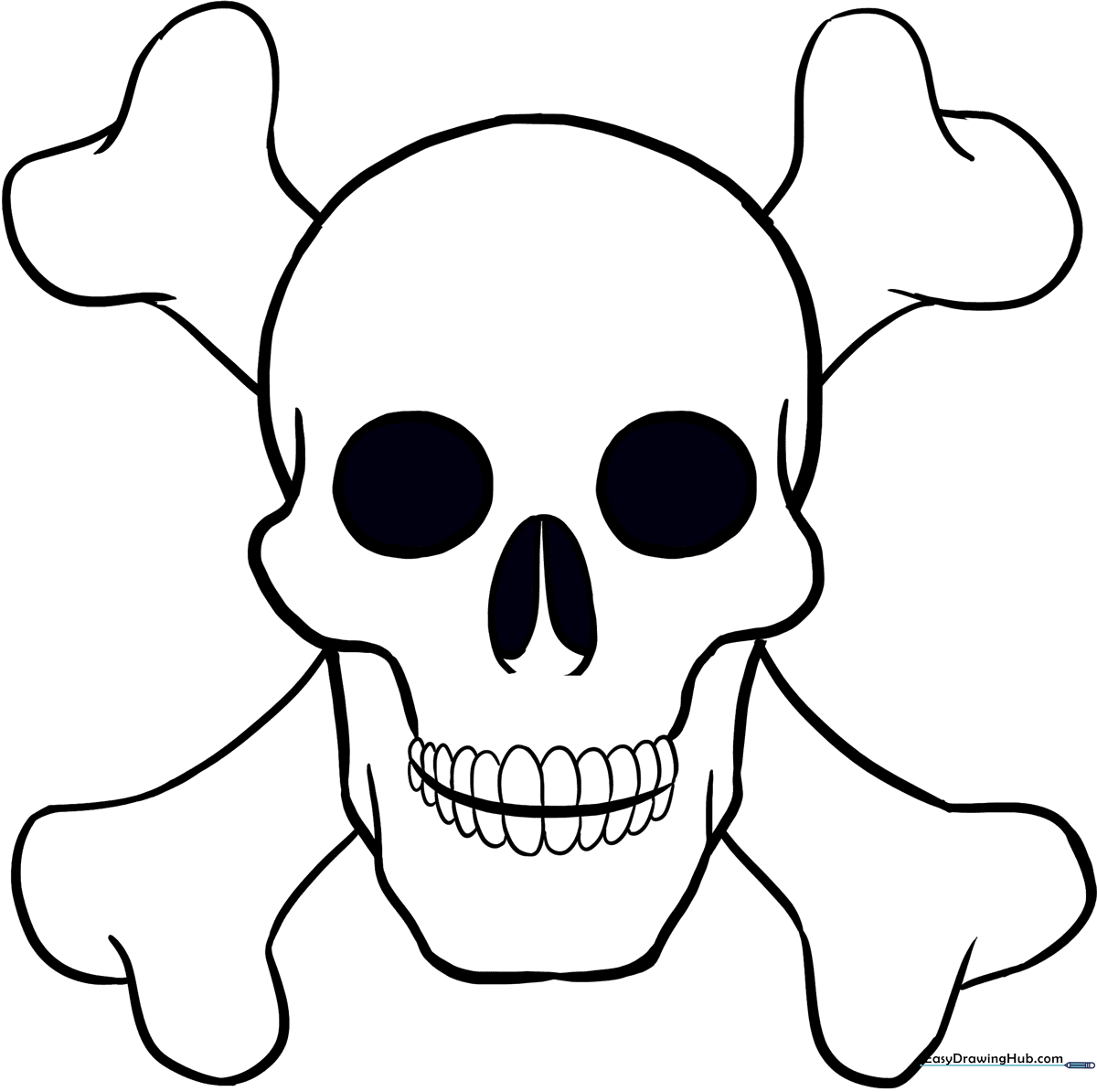 Black and white line art of a skull resting on two crossed bones, designed for children to color with markers or crayons.