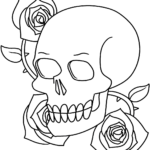 Black and white line art of a stylized skull intertwined with a blooming rose, featuring clear outlines for easy coloring.
