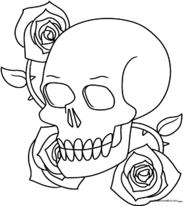 Black and white line art of a stylized skull intertwined with a blooming rose, featuring clear outlines for easy coloring.