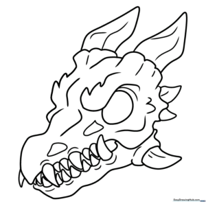 Printable dragon skull illustration with sharp teeth and textured bone surfaces for coloring practice