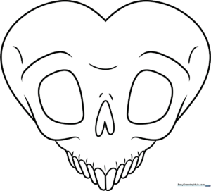 Black and white line art of a stylized skull shaped like a heart, featuring bold outlines for easy coloring by children.