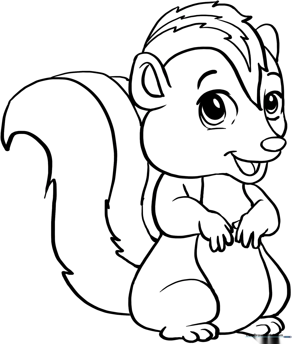 A friendly cartoon skunk with a fluffy tail and large eyes, outlined in bold black lines on a white background, ready for coloring.