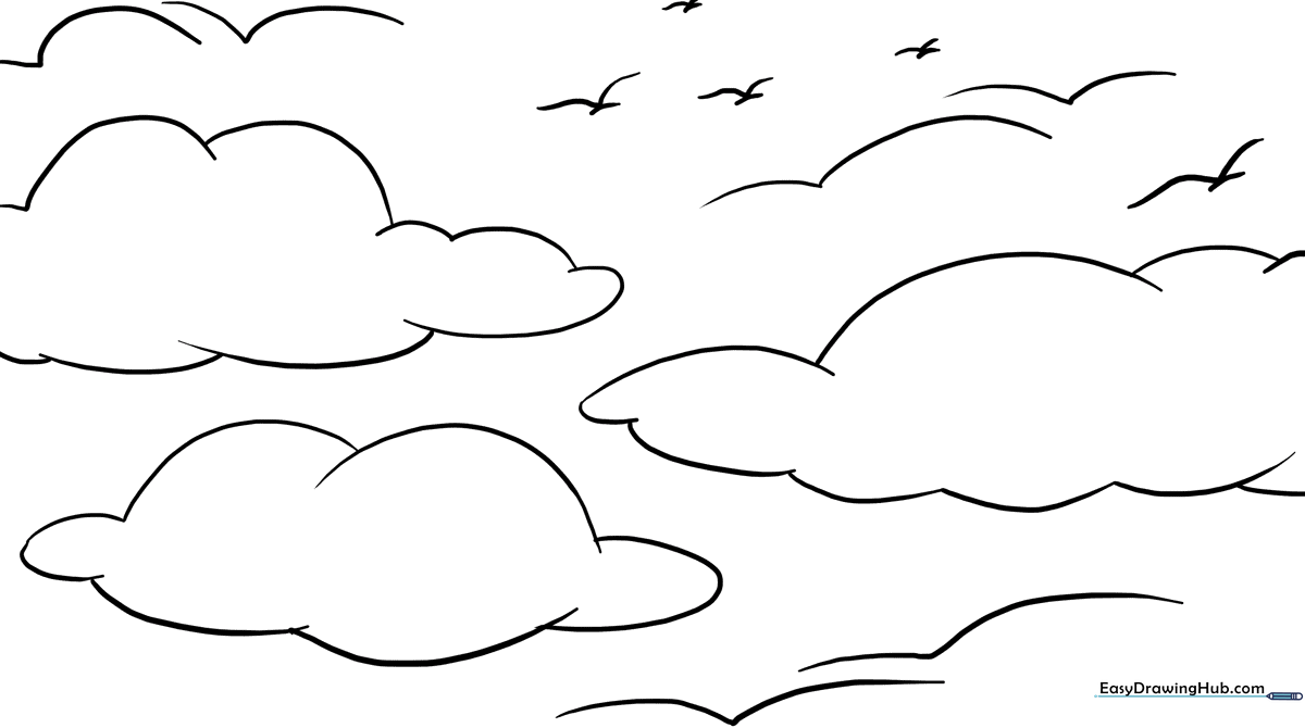 A simple, clean-lined coloring page featuring a wide horizon line and soft cloud shapes, designed for children to practice blending colors.
