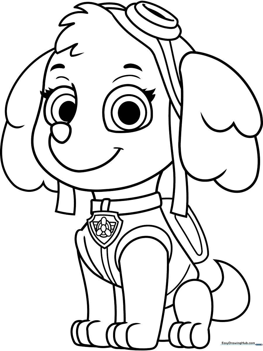 Black and white line art of Skye from PAW Patrol, featuring her signature aviator goggles and flight uniform, ready for children to color.
