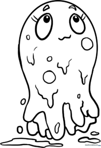 A friendly, cartoon-style slime character with large expressive eyes, outlined for kids to color with markers or crayons.
