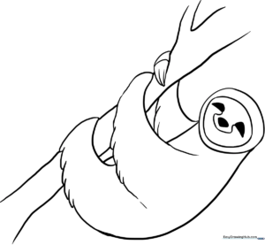 Black and white line art of a smiling sloth hanging from a tree branch, featuring clear outlines for easy coloring by young children.