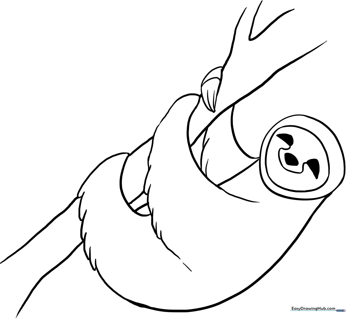 Black and white line art of a smiling sloth hanging from a tree branch, featuring clear outlines for easy coloring by young children.