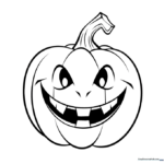 A friendly cartoon pumpkin with a wide, happy smile and large eyes, featuring thick outlines for easy coloring by children.