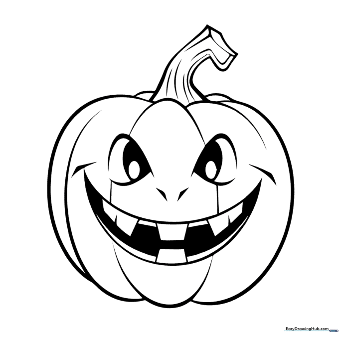 A friendly cartoon pumpkin with a wide, happy smile and large eyes, featuring thick outlines for easy coloring by children.
