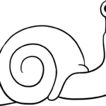 A clean, black-and-white line art illustration of a friendly snail with a large spiral shell, designed for children to color.
