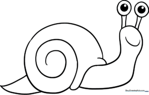 A clean, black-and-white line art illustration of a friendly snail with a large spiral shell, designed for children to color.