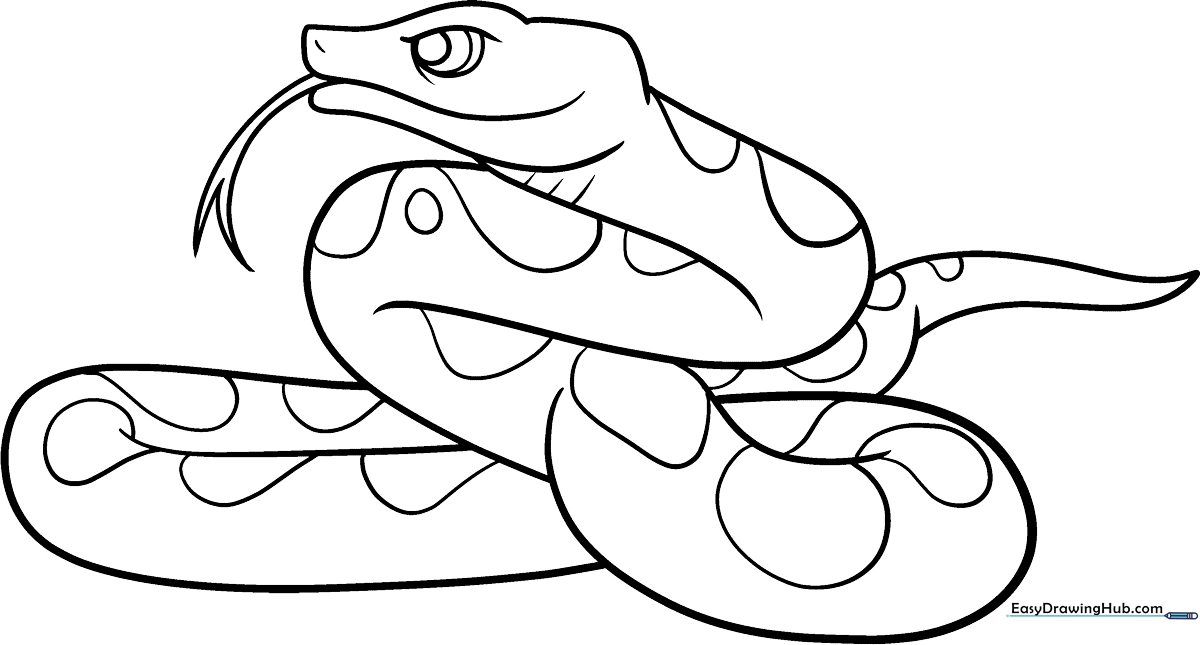 A friendly cartoon snake with large eyes and a curved body, featuring bold outlines perfect for children to color with markers or crayons.