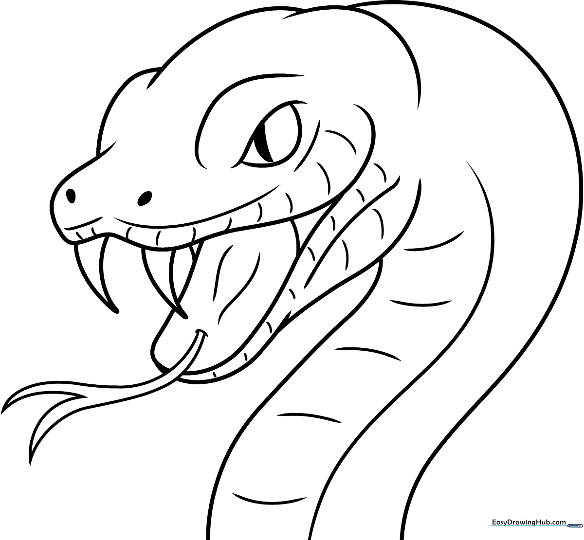 Black and white line art of a snake head featuring detailed scales and large, focused eyes, ready for coloring.