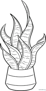 A clean, black-and-white line art illustration of a snake plant in a decorative pot, featuring tall, pointed leaves with distinct horizontal patterns for coloring.