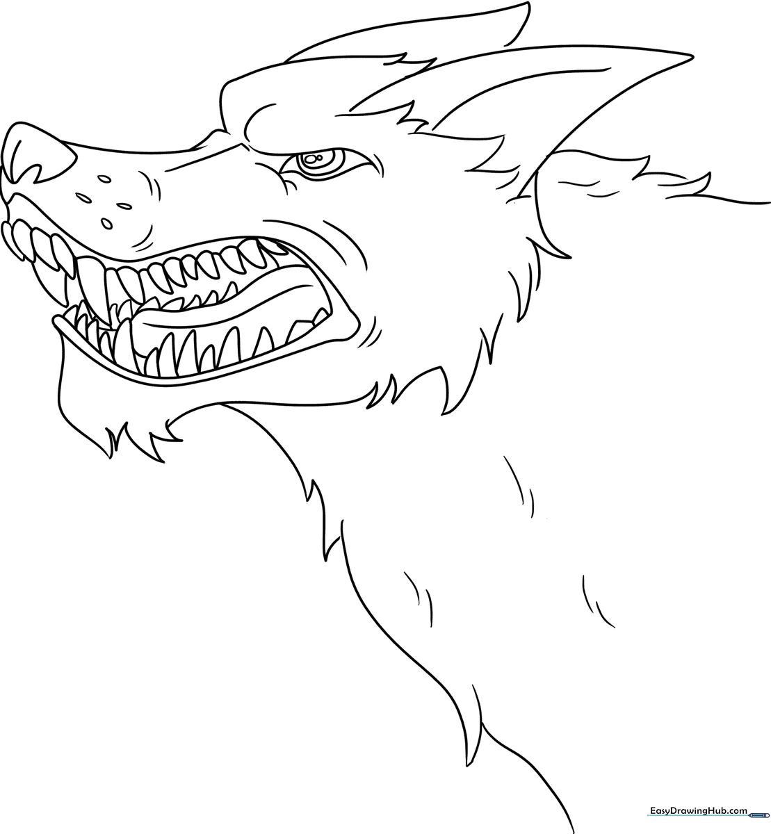 Black and white line art of a snarling wolf with sharp teeth and detailed fur, designed for children to color.